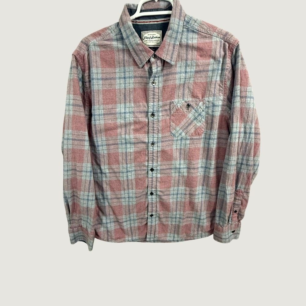 Flag & Anthem Mens Large Red Blue Plaid Flannel Button Down Shirt Cotton L